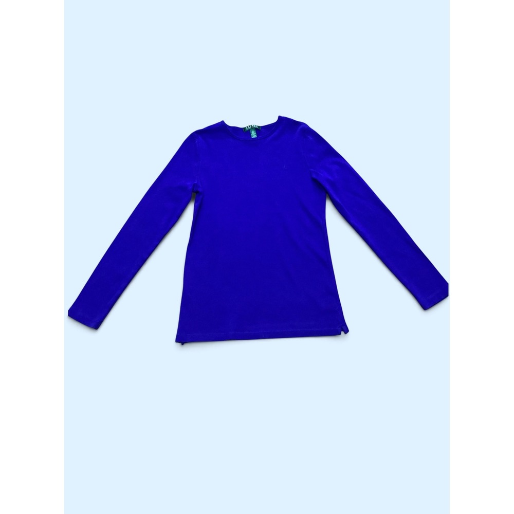 Lauren Ralph Lauren Royal Blue Cotton Ribbed Long Sleeve Crew Neck Top Medium